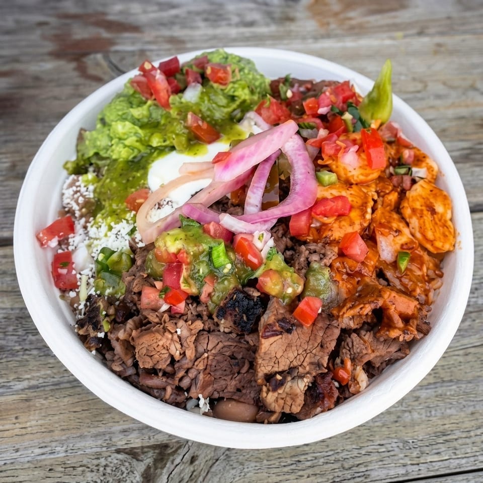 A vibrant burrito bowl with steak, shrimp, guacamole, salsa, pickled onions, and sour cream.