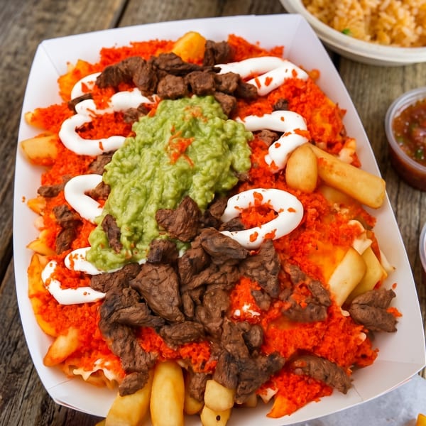 Loaded fries with steak, guacamole, sour cream, and a bright orange spicy topping.